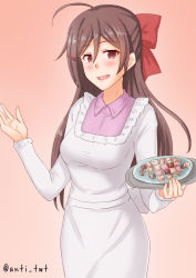 Rule 34 | 1girl, ahoge, anti (untea9), apron, brown hair, collared shirt, commentary request, cookie, cowboy shot, food, gradient background, hair ornament, hair ribbon, hairclip, highres, kantai collection, kappougi, long hair, looking at viewer, mamiya (kancolle), pink shirt, play, red background, red eyes, ribbon, shirt, smile, solo