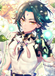 Rule 34 | 1boy, arm tattoo, bead necklace, beads, chiyu (silverxxxx), commentary, eyeshadow, flower, genshin impact, green hair, jewelry, leaf, makeup, male focus, necklace, parted lips, red eyeshadow, single bare shoulder, sleeveless, solo, tattoo, upper body, xiao (genshin impact), yellow eyes