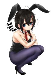 Rule 34 | 1girl, 2023, ahoge, animal ears, bare shoulders, between breasts, black footwear, black hair, black leotard, blue eyes, bow, braid, breasts, crossed arms, crossed bangs, detached collar, english text, fake animal ears, gouta (nagishiro6624), hair between eyes, hair bow, hair flaps, hair ornament, happy new year, high heels, highleg, highleg leotard, highres, kantai collection, leotard, long hair, looking to the side, medium breasts, necktie, new year, pantyhose, parted lips, playboy bunny, rabbit ears, raised eyebrows, red bow, red necktie, shigure (kancolle), shigure kai ni (kancolle), solo, squatting, strapless, strapless leotard, wrist cuffs