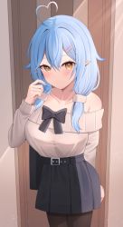 Rule 34 | 1girl, absurdres, ahoge, arm behind back, arm up, bare shoulders, beige sweater, belt, black pantyhose, black skirt, blue hair, blush, box, breasts, collarbone, commentary request, door, gift, gift box, hair between eyes, hair ornament, hairclip, heart, heart ahoge, highres, hololive, indoors, large breasts, long hair, looking at viewer, off-shoulder sweater, off shoulder, pantyhose, pointy ears, sidelocks, skirt, solo, starfox1015, sweater, twintails, virtual youtuber, yellow eyes, yukihana lamy