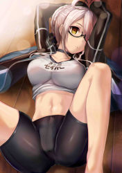 Rule 34 | 1girl, abs, ahoge, armadillo-tokage, arms up, artoria pendragon (all), artoria pendragon (fate), bike shorts, breasts, brown eyes, cameltoe, choker, fate/grand order, fate (series), glasses, grey hair, gym uniform, large breasts, light particles, lying, midriff, mysterious heroine x alter (fate), mysterious heroine x alter (second ascension) (fate), on back, saber (fate), semi-rimless eyewear, short hair, skin tight, solo, spread legs, toned, wooden floor