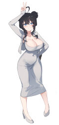 Rule 34 | 1girl, ahoge, aningay, arm behind back, arm up, black hair, blue eyes, breasts, cleavage, collarbone, commentary request, cropped jacket, dongtan dress, double bun, dress, full body, grey dress, grey footwear, grey jacket, grin, hair between eyes, hair bun, heart, heart ahoge, high heels, highres, jacket, korean commentary, large breasts, long sleeves, meme attire, open clothes, open jacket, original, shoes, simple background, sleeves past wrists, smile, solo, v, white background