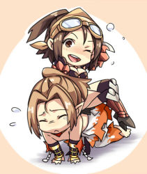 Rule 34 | 1boy, 1girl, all fours, arm blade, armor, barefoot, belt, black belt, black gloves, black socks, blush, breasts, brown bandana, brown eyes, brown hair, brown headwear, chibi, cleavage, closed eyes, closed mouth, clothes around waist, commentary request, flame print, flying sweatdrops, full body, gauntlets, gloves, goggles, goggles on head, guillotine cross (ragnarok online), kiribox, kneehighs, light brown hair, looking at viewer, medium breasts, one eye closed, open mouth, pants, ragnarok online, red armor, shirt, shirt around waist, short hair, sitting, sitting on person, smile, socks, sura (ragnarok online), topless male, weapon, white pants, white shirt