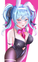 Rule 34 | 1girl, :d, absurdres, armband, arms behind back, black armband, black leotard, blue eyes, blue hair, blush, bow, bowtie, breasts, clothing cutout, cowboy shot, detached collar, fang, hair between eyes, hair ornament, hairband, hatsune miku, heart cutout, highres, hip focus, leotard, long hair, looking at viewer, medium breasts, open mouth, pink bow, pink bowtie, rabbit hole (vocaloid), smile, solo, thighs, twintails, unha, vocaloid, white hairband, x hair ornament