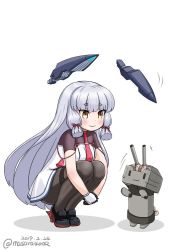 Rule 34 | 1girl, 1other, black footwear, black pantyhose, blunt bangs, commentary request, dated, dress, fingerless gloves, full body, gloves, hair ribbon, headgear, hugging own legs, kantai collection, loafers, long hair, masara (chuujou), murakumo (kancolle), necktie, one-hour drawing challenge, orange eyes, pantyhose, red neckwear, remodel (kantai collection), rensouhou-chan, ribbon, shoes, short eyebrows, sidelocks, silver hair, simple background, squatting, thighband pantyhose, tress ribbon, twitter username, white background, white dress, white gloves