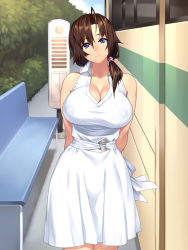 Rule 34 | 1girl, 23 (real xxiii), absurdres, ahoge, arms behind back, bare arms, bench, blush, breasts, brown hair, bus, bus stop, cleavage, closed mouth, collared dress, covered erect nipples, dress, female focus, hair over shoulder, head tilt, highres, inaka no onee-chan to hito natsu docha ero icha love sex, large breasts, legs, light blush, light smile, long hair, looking at viewer, low ponytail, motor vehicle, o-ring, original, outdoors, ponytail, puffy areolae, purple eyes, sleeveless, sleeveless dress, smile, solo, standing, thighs, tree, white dress