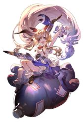 Rule 34 | 1girl, :d, arm up, armpits, bare arms, bare shoulders, black footwear, blonde hair, bloomers, blue skirt, bow, bowtie, brown eyes, chain, commentary request, cube, floating hair, gourd, highres, horns, ibuki suika, long hair, looking at viewer, low-tied long hair, oni, oni horns, open mouth, pyramid (geometry), red bow, red bowtie, shirt, shoes, simple background, skirt, sleeveless, sleeveless shirt, smile, socks, solo, touhou, u u zan, underwear, v-shaped eyebrows, very long hair, white background, white bloomers, white shirt, white socks, wrist cuffs
