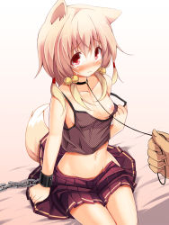 Rule 34 | 1girl, animal ears, bdsm, bell, blonde hair, blush, bondage, bound, breast slip, breasts, camisole, chain, chiri (atlanta), collar, collarbone, cuffs, fox ears, fox tail, hair bell, hair ornament, highres, jingle bell, leash, looking at viewer, navel, nipples, no bra, no panties, one breast out, original, pleated skirt, red eyes, shackles, sitting, skirt, slave, small breasts, solo, solo focus, strap slip, tail, tears, ten&#039;inkou korin, viewer holding leash