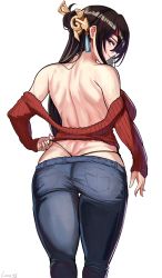 Rule 34 | 1girl, absurdres, ass, back, beidou (genshin impact), blush, breasts, brown hair, butt crack, colored eyepatch, denim, earrings, eyepatch, genshin impact, hair ornament, hair over one eye, hairpin, half updo, highres, jeans, jewelry, large breasts, long hair, looking at viewer, loooyd, pants, red eyes, thighs, whale tail (clothing)