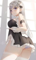 Rule 34 | 1girl, armband, ass, backlighting, bare shoulders, black dress, blush, breasts, dress, flying sweatdrops, grey hair, highres, kinako (shiratama mochi), kneeling, lace, lace-trimmed legwear, lace trim, large breasts, long hair, looking at viewer, looking back, maid, maid headdress, original, purple eyes, solo, thighhighs, thighs, white thighhighs, window, wrist cuffs