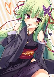 Rule 34 | 1girl, :d, ameno ame, bare shoulders, black kimono, blunt bangs, blunt ends, blush, butterfly hair ornament, commentary request, cowboy shot, detached sleeves, eyes visible through hair, finger to mouth, green hair, hair ornament, hair ribbon, heart, hime cut, japanese clothes, kimono, long hair, looking at viewer, lowres, murasame (senren), open mouth, pom pom (clothes), red eyes, red ribbon, ribbon, senren banka, sidelocks, simple background, sleeves past wrists, smile, solo, two side up, very long hair, wide sleeves