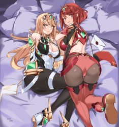 Rule 34 | 2girls, ass, bare shoulders, bed, black gloves, black legwear, blonde hair, blush, bob cut, breasts, chest jewel, earrings, elbow gloves, fingerless gloves, gem, gloves, headpiece, highres, jewelry, large breasts, long hair, looking at viewer, multiple girls, mythra (massive melee) (xenoblade), mythra (xenoblade), nintendo, oliver koito, pantyhose, pantyhose under shorts, pyra (xenoblade), red eyes, red hair, red legwear, red shorts, short hair, short shorts, shorts, smash invitation, smile, super smash bros., swept bangs, thigh strap, thighhighs, thighs, tiara, tsundere, very long hair, white gloves, xenoblade chronicles (series), xenoblade chronicles 2, yellow eyes