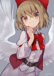 Rule 34 | 1girl, angel wings, belt, blonde hair, bow, bowtie, breasts, brown belt, brown vest, buttons, closed mouth, collared shirt, contrapposto, dutch angle, feathered wings, gengetsu (touhou), grey background, hair bow, hand on own chin, highres, looking at viewer, open clothes, open vest, razuzyamu, red bow, red bowtie, shirt, short hair, skirt, small breasts, touhou, touhou (pc-98), vest, white shirt, white skirt, white wings, wings, yellow eyes