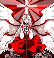 Rule 34 | 1girl, alternate color, closed eyes, closed mouth, collared shirt, colored skin, commentary request, cross, dress, facing viewer, flat chest, highres, kaigen 1025, long hair, multiple wings, open mouth, red dress, red theme, sariel (touhou), shirt, skull, smile, touhou, touhou (pc-98), white hair, white shirt, white skin, wings