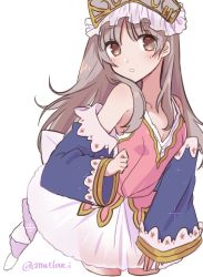 Rule 34 | 1girl, atelier (series), atelier totori, bare shoulders, blue sleeves, breasts, brown eyes, brown hair, detached sleeves, dress, haruna (citrus love i), hat, highres, long hair, looking at viewer, open mouth, see-through, simple background, skirt, solo, totooria helmold, white background
