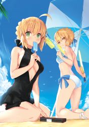 Rule 34 | 2girls, :o, ahoge, anklet, artoria pendragon (all), artoria pendragon (alter swimsuit rider) (fate), artoria pendragon (alter swimsuit rider) (fate) (cosplay), artoria pendragon (alter swimsuit rider) (first ascension) (fate), artoria pendragon (fate), artoria pendragon (swimsuit archer) (fate), artoria pendragon (swimsuit archer) (fate) (cosplay), artoria pendragon (swimsuit archer) (first ascension) (fate), bad id, bad twitter id, bare arms, bare shoulders, barefoot, beach, beach umbrella, bikini, black bow, black one-piece swimsuit, blonde hair, blue bow, blue ribbon, blue sky, blush, bow, bow bikini, breasts, breasts apart, casual one-piece swimsuit, center opening, cleavage cutout, closed mouth, clothing cutout, cloud, collarbone, commentary request, cosplay, costume switch, day, eating, excalibur (fate/stay night), fate/grand order, fate (series), fingernails, food, foreshortening, from side, green eyes, gun, hair between eyes, hair bow, hair bun, hair ribbon, handgun, highres, holding, holding food, holding sword, holding weapon, jewelry, kneeling, leaf, looking at viewer, medium breasts, multiple girls, nishin (nsn 0822), ocean, one-piece swimsuit, open mouth, outdoors, palm tree, pistol, popsicle, ribbon, saber (fate), saber alter, sand, seiza, side-tie bikini bottom, sidelocks, single hair bun, sitting, sky, small breasts, sweat, swimsuit, swimsuit skirt, sword, tree, umbrella, water gun, weapon, white bikini