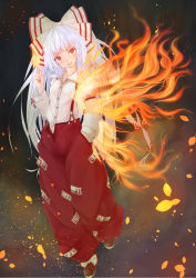 Rule 34 | 1girl, :d, blush, bow, fire, fujiwara no mokou, full body, hair bow, hand in pocket, highres, long hair, maru-pen, open mouth, pants, pointing, pointing up, red eyes, smile, solo, standing, touhou, very long hair, white hair