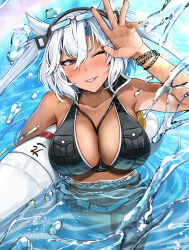 Rule 34 | 1girl, absurdres, bad anatomy, belt, black nails, blush, breasts, cleavage, collarbone, eyewear on head, fingernails, glasses, grey hair, hair between eyes, hair horns, highres, kantai collection, large breasts, long hair, looking at viewer, musashi (kancolle), nail polish, necklace between breasts, one eye closed, parted lips, partially submerged, red eyes, smile, solo, two side up, water, water drop, white belt, yunamaro