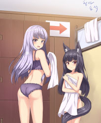 Rule 34 | 2girls, animal ears, ass, black hair, bra, changing room, covering privates, covering breasts, dog ears, dog tail, kemo (pokka), locker, long hair, looking back, multiple girls, open mouth, original, panties, purple bra, purple eyes, purple hair, purple panties, red eyes, tail, topless, towel, underwear, underwear only