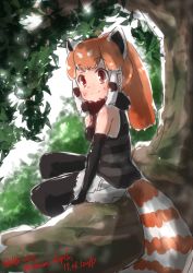 Rule 34 | 1girl, bare shoulders, black gloves, black pantyhose, commentary request, cutoffs, dated, day, elbow gloves, extra ears, fur collar, gloves, highres, in tree, kemono friends, leaf, lesser panda (kemono friends), long hair, looking at viewer, multicolored hair, nakashi masakumi, orange hair, outdoors, pantyhose, pantyhose under shorts, red panda ears, red panda tail, shirt, short shorts, shorts, signature, sitting, sleeveless, sleeveless shirt, smile, solo, striped clothes, striped shirt, striped tail, tail, tree, twitter username, white shorts