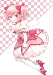 Rule 34 | 1girl, :d, aabtcndneefkg, ankle bow, ankle ribbon, bow, choker, frilled skirt, frills, hair between eyes, hand on own cheek, hand on own face, highres, kaname madoka, leg ribbon, looking at viewer, mahou shoujo madoka magica, mahou shoujo madoka magica (anime), medium skirt, open mouth, pink eyes, pink hair, red bow, red footwear, red ribbon, ribbon, short hair, short sleeves, skirt, smile, solo, twintails, white background, white legwear, white skirt