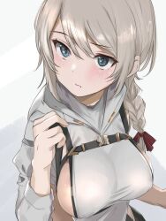 Rule 34 | 1girl, absurdres, adelaide bluthausen, airport96, alice gear aegis, blush, bow, braid, breasts, commentary request, grey eyes, grey hair, grey sweater, hair bow, highres, large breasts, looking at viewer, side braid, sideboob, solo, sweater, wavy mouth