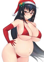 Rule 34 | 1girl, ahoge, artist name, azur lane, bell, bikini, black hair, blush, bow, breasts, breath, cameltoe, choker, christmas, cleavage, clothing cutout, collarbone, cowboy shot, curvy, elbow gloves, gloves, groin, hand on own stomach, hat, heart, heart cutout, highres, huge breasts, kuavera, large breasts, long hair, looking at viewer, navel, neck bell, orange eyes, outie navel, parted lips, pregnant, red bikini, red eyes, red gloves, santa hat, shiny clothes, shiny skin, signature, skindentation, smile, solo, standing, swimsuit, taihou (azur lane), thick thighs, thighs, third-party edit, very long hair, white background, wide hips