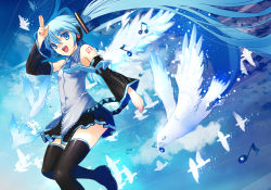 Rule 34 | 1girl, bird, blue eyes, blue hair, boots, cloud, detached sleeves, dove, feathered wings, hatsune miku, hirokiku, long hair, musical note, seagull, sky, smile, thighhighs, twintails, very long hair, vocaloid, wings