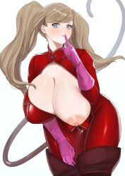 Rule 34 | 1girl, blonde hair, blue eyes, blush, bodysuit, boots, breasts, cleavage, ear piercing, female focus, finger to mouth, gloves, highres, huge breasts, long hair, mikamata, one breast out, persona, persona 5, piercing, shushing, solo, tail, takamaki anne, thigh boots, twintails, zipper