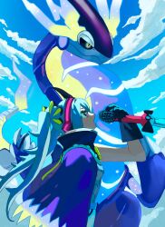 Rule 34 | 1girl, absurdres, black gloves, blue cape, blue hair, blue sky, cape, cloud, creatures (company), day, dragon miku (project voltage), from side, game freak, gloves, hand up, hatsune miku, headphones, high collar, highres, holding, holding microphone, light blue hair, long hair, microphone, miraidon, music, nagomi ( nagomi ), nintendo, open mouth, outdoors, pokemon, pokemon (creature), profile, project voltage, singing, sky, solo, twintails, upper body, vocaloid