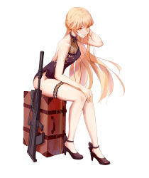 Rule 34 | 1girl, absurdres, assault rifle, backless dress, backless outfit, bare arms, black footwear, blonde hair, breasts, bridal garter, bullpup, chinese commentary, closed mouth, commentary request, dress, full body, girls&#039; frontline, gun, hand on knees, high heels, highres, leg ribbon, long hair, looking at viewer, mudined, official alternate costume, orange eyes, ots-14 (girls&#039; frontline), ots-14 (sangria succulent) (girls&#039; frontline), ots-14 groza, purple dress, ribbon, rifle, scope, side slit, simple background, sitting, skindentation, small breasts, solo, suitcase, suppressor, thigh ribbon, very long hair, weapon, white background