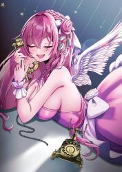 Rule 34 | :d, absurdres, angel wings, antique phone, blush, braid, breasts, closed eyes, closed mouth, dorothy (nikke), dorothy (nostalgia) (nikke), dress, feathered wings, goddess of victory: nikke, hair bun, hair intakes, highres, holding, itsuki isshiki, large breasts, long hair, lying, official alternate costume, on stomach, open mouth, phone, pink dress, pink hair, rotary phone, smile, white wings, wings