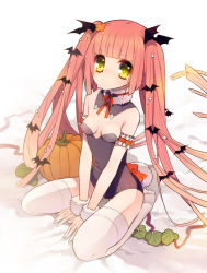 Rule 34 | &gt;:&lt;, 1girl, :&lt;, bat hair ornament, bow, breasts, cleavage, closed mouth, detached collar, detached sleeves, female focus, green eyes, hair ornament, halloween, leotard, long hair, looking at viewer, original, pink hair, playboy bunny, pumpkin, rabbit tail, red hair, rugo, sitting, small breasts, solo, tail, thighhighs, twintails, v-shaped eyebrows, very long hair, white thighhighs, wrist cuffs, yellow eyes