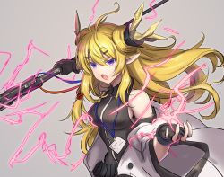 Rule 34 | 1girl, antenna hair, arknights, bare shoulders, black gloves, blonde hair, breasts, chagara, commentary request, fingerless gloves, gloves, grey background, hair between eyes, hand up, highres, horns, leizi (arknights), lightning, long hair, looking at viewer, medium breasts, open mouth, originium arts (arknights), pointy ears, purple eyes, simple background, solo, upper body, v-shaped eyebrows