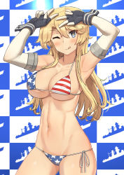 Rule 34 | 1girl, absurdres, american flag bikini, american flag print, bad id, bad pixiv id, bikini, blonde hair, blue background, blue eyes, breasts, checkered background, closed mouth, collarbone, elbow gloves, flag print, gloves, highres, iowa (kancolle), kantai collection, large breasts, long hair, looking at viewer, navel, one eye closed, osananajimi neko, print bikini, side-tie bikini bottom, skindentation, smile, solo, star-shaped pupils, star (symbol), step and repeat, swimsuit, symbol-shaped pupils, tongue, tongue out, two-tone background, upper body, v, white background