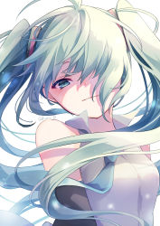 Rule 34 | 1girl, black sleeves, blue necktie, blush, breasts, closed mouth, collared shirt, commentary, commentary request, detached sleeves, green eyes, green hair, grey shirt, hair ornament, hair over one eye, hatsune miku, kuroi (liar-player), long hair, looking at viewer, necktie, shirt, simple background, sleeveless, sleeveless shirt, small breasts, smile, solo, twintails, twitter username, upper body, vocaloid, white background