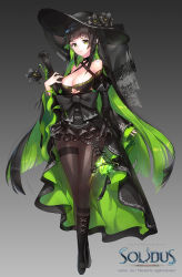 Rule 34 | 1girl, absurdly long hair, bad id, bad pixiv id, black hair, black hat, black pantyhose, blue n, blush, breasts, cleavage, closed mouth, collarbone, colored inner hair, copyright request, full body, green eyes, green hair, hat, highres, large breasts, long hair, looking at viewer, multicolored hair, original, pantyhose, solo, very long hair