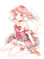 Rule 34 | 1girl, ahoge, bad id, bad twitter id, bang dream!, bare shoulders, bow, bowtie, choker, collarbone, detached sleeves, dress, frilled dress, frills, hair ribbon, high heels, ito22oji, looking at viewer, maruyama aya, overskirt, pink bow, pink bowtie, pink choker, pink eyes, pink hair, ribbon, sidelocks, sitting, smile, solo, thighhighs, twintails, white background, white ribbon, white thighhighs, wrist bow