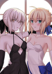 Rule 34 | 2girls, absurdres, ahoge, artoria pendragon (all), artoria pendragon (fate), bare shoulders, black bow, black choker, black dress, black gloves, blonde hair, blue bow, bow, braid, braided bun, breasts, choker, dress, elbow gloves, fate/grand order, fate (series), gloves, green eyes, hair bun, hand on another&#039;s hip, highres, longdq3008, multiple girls, open mouth, saber (fate), saber alter, white choker, white dress, white gloves, window, yellow eyes