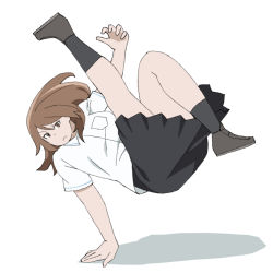 Rule 34 | &gt;:(, 1girl, black legwear, black skirt, breakdance, brown eyes, brown hair, collared shirt, floating hair, frown, full body, hair between eyes, handstand, highres, hoshiai no sora, kasuga kinuyo, loafers, long hair, looking at viewer, one arm handstand, onsen tamago (hs egg), pleated skirt, school uniform, serious, shadow, shirt, shoes, short sleeves, simple background, skirt, solo, v-shaped eyebrows, white background, white shirt