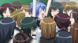 Rule 34 | 00s, 6+girls, animated, animated gif, arms up, awkward, blue hair, closed eyes, green eyes, indoors, kampfer, long hair, looking at another, lowres, multiple girls, open mouth, ponytail, school uniform, screencap, senou natsuru, shiny skin, short hair, short ponytail, short sleeves, smile, spinning, standing, upper body