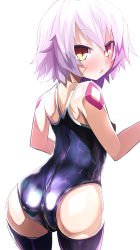 Rule 34 | 1girl, ass, back, black thighhighs, blush, competition school swimsuit, covered erect nipples, fate/apocrypha, fate/grand order, fate (series), jack the ripper (fate/apocrypha), looking at viewer, looking back, one-piece swimsuit, purple hair, scar, school swimsuit, shimejinameko, short hair, simple background, slit pupils, solo, swimsuit, thighhighs, white background, yellow eyes