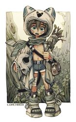 Rule 34 | 1boy, animal ears, animal skull, artist name, bag, belt, blue eyes, boots, brown hair, child, commentary, duffel bag, fake animal ears, full body, highres, hood, jacket, long sleeves, looking at viewer, lunchbox (illillilliiliil), male focus, navel, nipples, open mouth, original, outdoors, robe, scarf, shorts, solo, standing, symbol-only commentary, teeth, topless male, upper teeth only