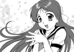 Rule 34 | 1girl, character request, commentary request, greyscale, long hair, looking at viewer, monochrome, open mouth, school uniform, smile, solo, ueyama michirou