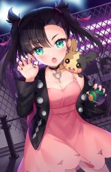 Rule 34 | 1girl, :o, asymmetrical bangs, black choker, black hair, black jacket, black nails, blush, breasts, chain-link fence, choker, claw pose, cleavage, collarbone, commentary request, creatures (company), dress, dusk ball, dutch angle, fang, fence, game freak, gen 8 pokemon, hair ribbon, hand up, holding, holding poke ball, jacket, long sleeves, looking at viewer, marnie (pokemon), moorina, morpeko, morpeko (full), nail polish, nintendo, off shoulder, open clothes, open jacket, open mouth, pink dress, poke ball, pokemon, pokemon (creature), pokemon swsh, red ribbon, ribbon, small breasts, twintails