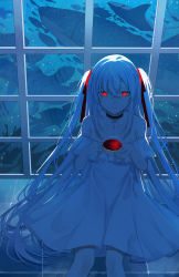 Rule 34 | 1girl, absurdres, air bubble, bare shoulders, black choker, blood, blood from mouth, blood in mouth, blue theme, bubble, choker, collarbone, commentary request, cross, cross choker, crossed bangs, cup, damselfish, dress, fish, fish request, hair between eyes, hair ribbon, hands up, highres, hirakana, holding, holding cup, indoors, long hair, looking at viewer, monochrome, off-shoulder dress, off shoulder, on floor, original, parted lips, red eyes, red ribbon, ribbon, ripples, school of fish, sidelocks, sitting, solo, spot color, teacup, tile floor, tiles, tropical fish, two side up, underwater, very long hair, window