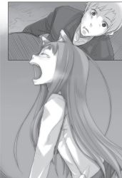 Rule 34 | 1boy, 1girl, animal ears, ayakura juu, craft lawrence, dress shirt, closed eyes, greyscale, holo, jacket, long hair, looking up, monochrome, novel illustration, official art, open mouth, shirt, spice and wolf, tears, very long hair, wolf ears, yawning