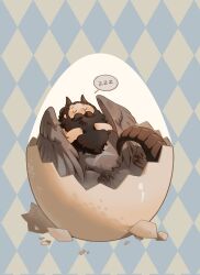 Rule 34 | 1boy, argyle, argyle background, argyle clothes, beard, black hair, chibi, chimera, closed eyes, dragon tail, dungeon meshi, egg, eggshell, facial hair, feathered wings, grey wings, hatching, highres, horns, koucailiao1, lying, male focus, monster boy, monsterification, mustache, on back, senshi (dungeon meshi), sleeping, solo, tail, two-tone background, white wings, wings