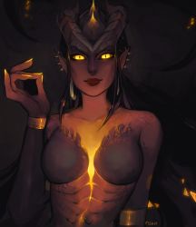 Rule 34 | 1girl, animated, animated gif, artist name, bad id, bad tumblr id, black hair, bracelet, breasts, breasts apart, collarbone, dark-skinned female, dark background, dark skin, dragon girl, dragon horns, dragon symmetra, earrings, glowing, glowing eyes, glowing skin, grey background, highres, hoop earrings, horns, jewelry, lips, long hair, making-of available, matilda fiship, medium breasts, monster girl, no nipples, nose, nude, official alternate costume, overwatch, overwatch 1, pointy ears, red lips, scales, signature, slit pupils, solo, stud earrings, symmetra (overwatch), upper body, yellow eyes