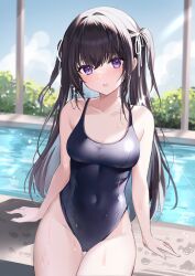 Rule 34 | 1girl, :o, arm support, bare arms, black hair, black one-piece swimsuit, blue sky, blush, breasts, cloud, collarbone, commentary request, competition swimsuit, covered navel, day, hair between eyes, hair ribbon, highres, long hair, medium breasts, one-piece swimsuit, open mouth, original, pool, purple eyes, ribbon, sky, solo, swimsuit, teeth, upper teeth only, very long hair, wet, ymkrnchan